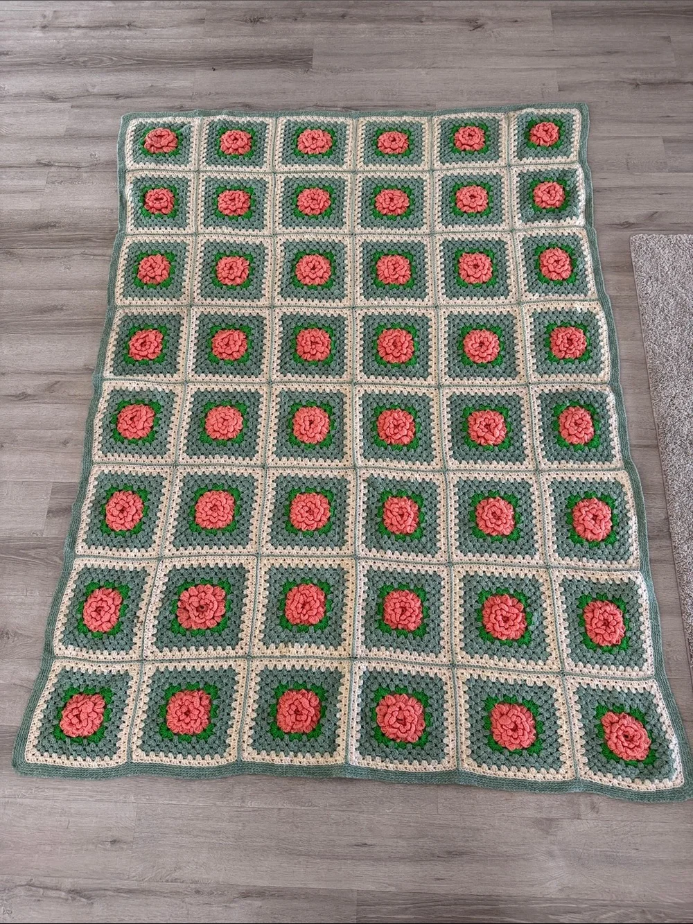 Handmade Pink Rose Granny Square Crochet Throw 3D Flower 80x60 Cottagecore
